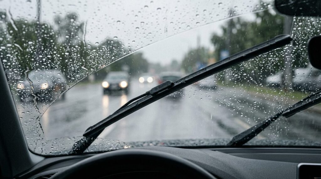 Close-up detail shot of car windshield wipers mid-sweep acro