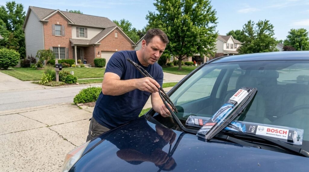 Family car parked in driveway with parent checking worn and